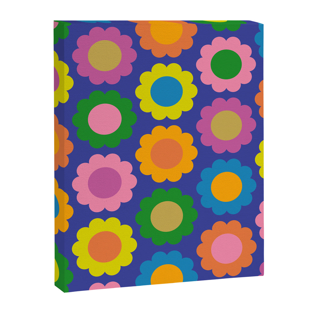 Happy Flowers Colorful Cheerful Retro Pattern on Blue Canvas Print Gallery Image 8