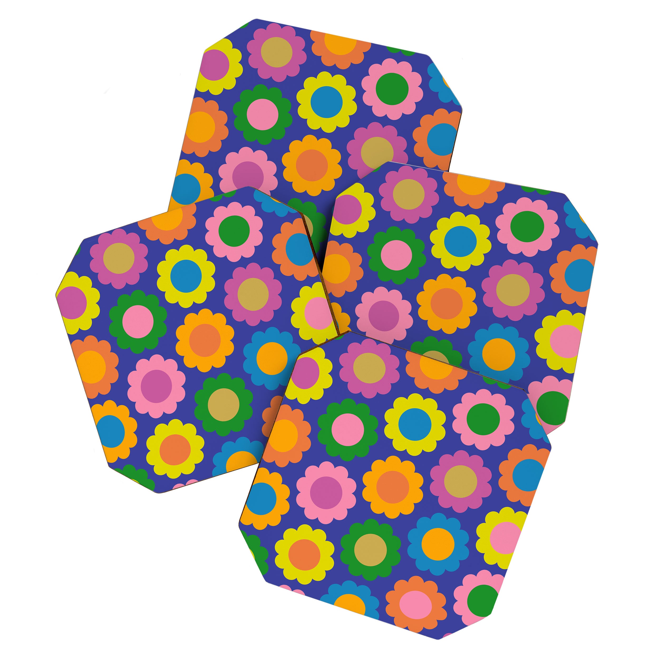 Happy Flowers Colorful Cheerful Retro Pattern on Blue Coaster Gallery Image 1