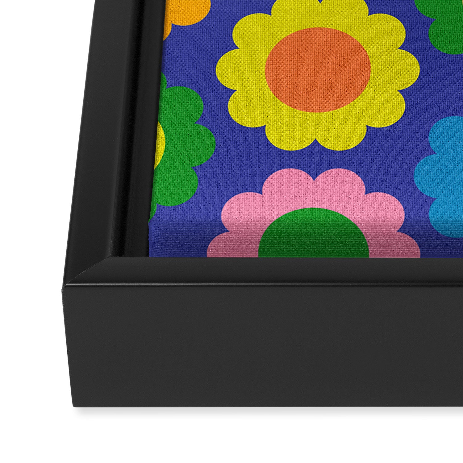 Happy Flowers Colorful Cheerful Retro Pattern on Blue Framed Canvas Print Gallery Image 3