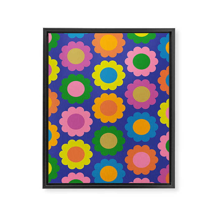 Happy Flowers Colorful Cheerful Retro Pattern on Blue Framed Canvas Print Gallery Image 1