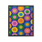 Happy Flowers Colorful Cheerful Retro Pattern on Blue Framed Canvas Print Gallery Image 8
