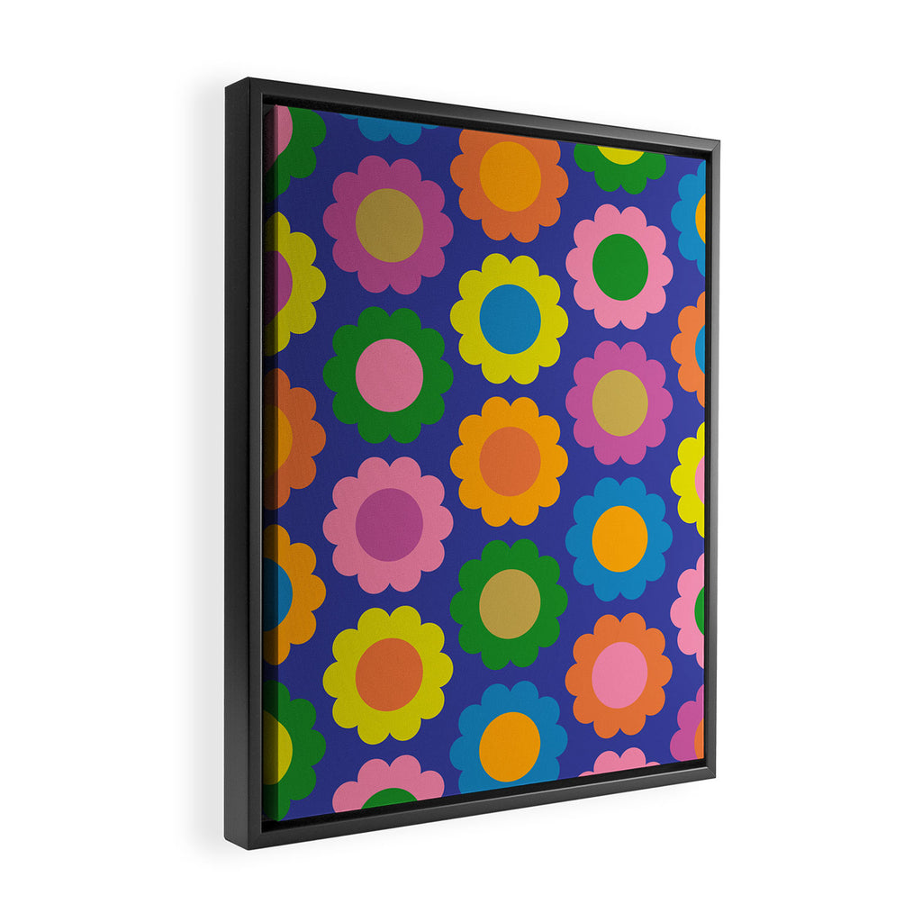 Happy Flowers Colorful Cheerful Retro Pattern on Blue Framed Canvas Print Gallery Image 2