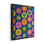 Happy Flowers Colorful Cheerful Retro Pattern on Blue Framed Canvas Print Gallery Image 2