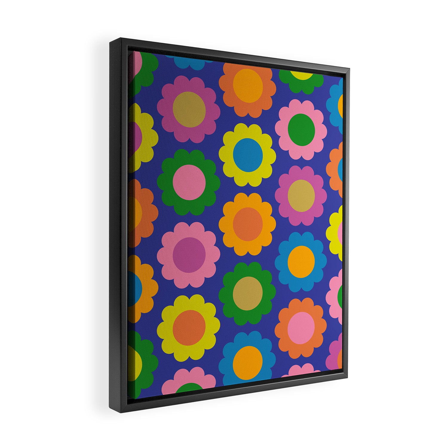 Happy Flowers Colorful Cheerful Retro Pattern on Blue Framed Canvas Print Gallery Image 2