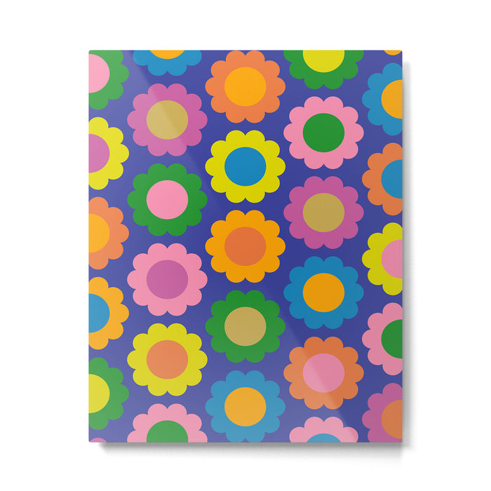 Happy Flowers Colorful Cheerful Retro Pattern on Blue Metal Print Gallery Image 1