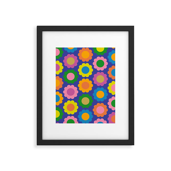 Happy Flowers Colorful Cheerful Retro Pattern on Blue Framed Art Print Gallery Image 1