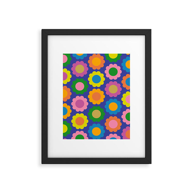 Happy Flowers Colorful Cheerful Retro Pattern on Blue Framed Art Print Gallery Image 6