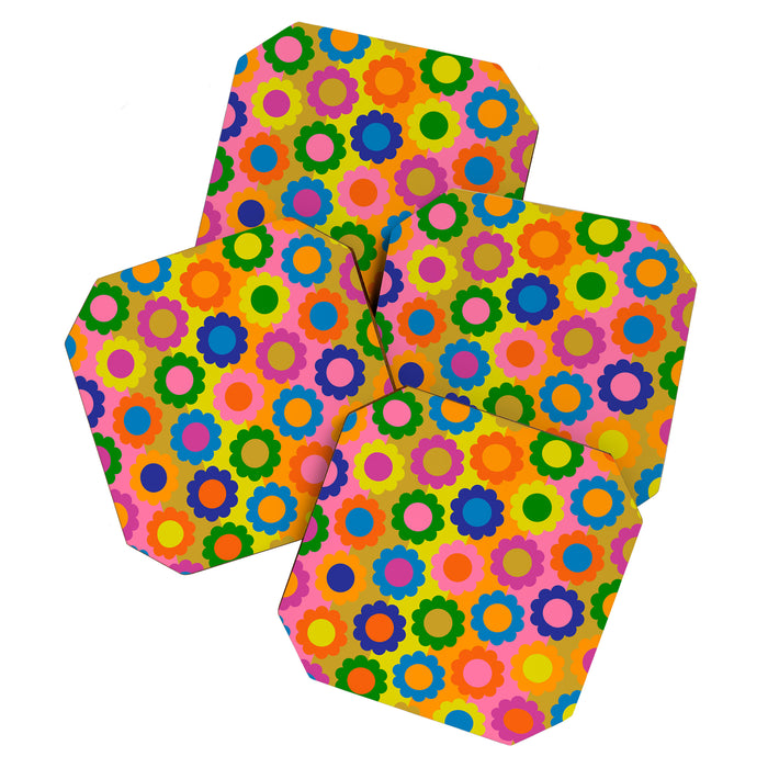Happy Flowers Colorful Retro Maximalist Pattern Coaster Gallery Image 1