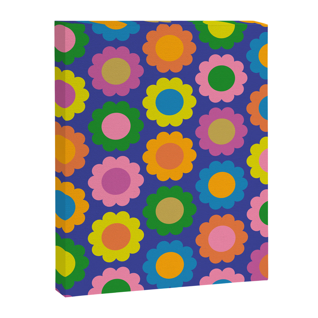 Happy Flowers Colorful Retro Pattern on Blue Canvas Print Gallery Image 8