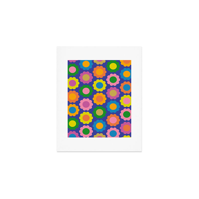 Happy Flowers Colorful Retro Pattern on Blue Art Print Gallery Image 1