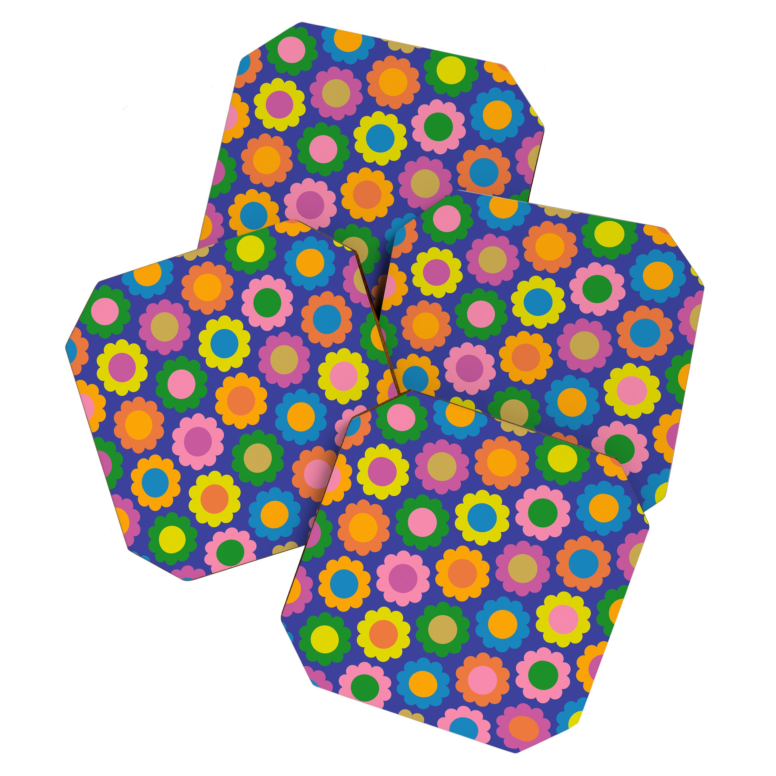 Happy Flowers Colorful Retro Pattern on Blue Coaster Gallery Image 1