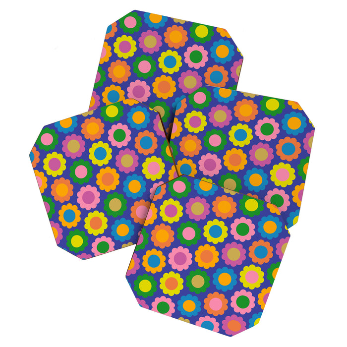 Happy Flowers Colorful Retro Pattern on Blue Coaster Gallery Image 1