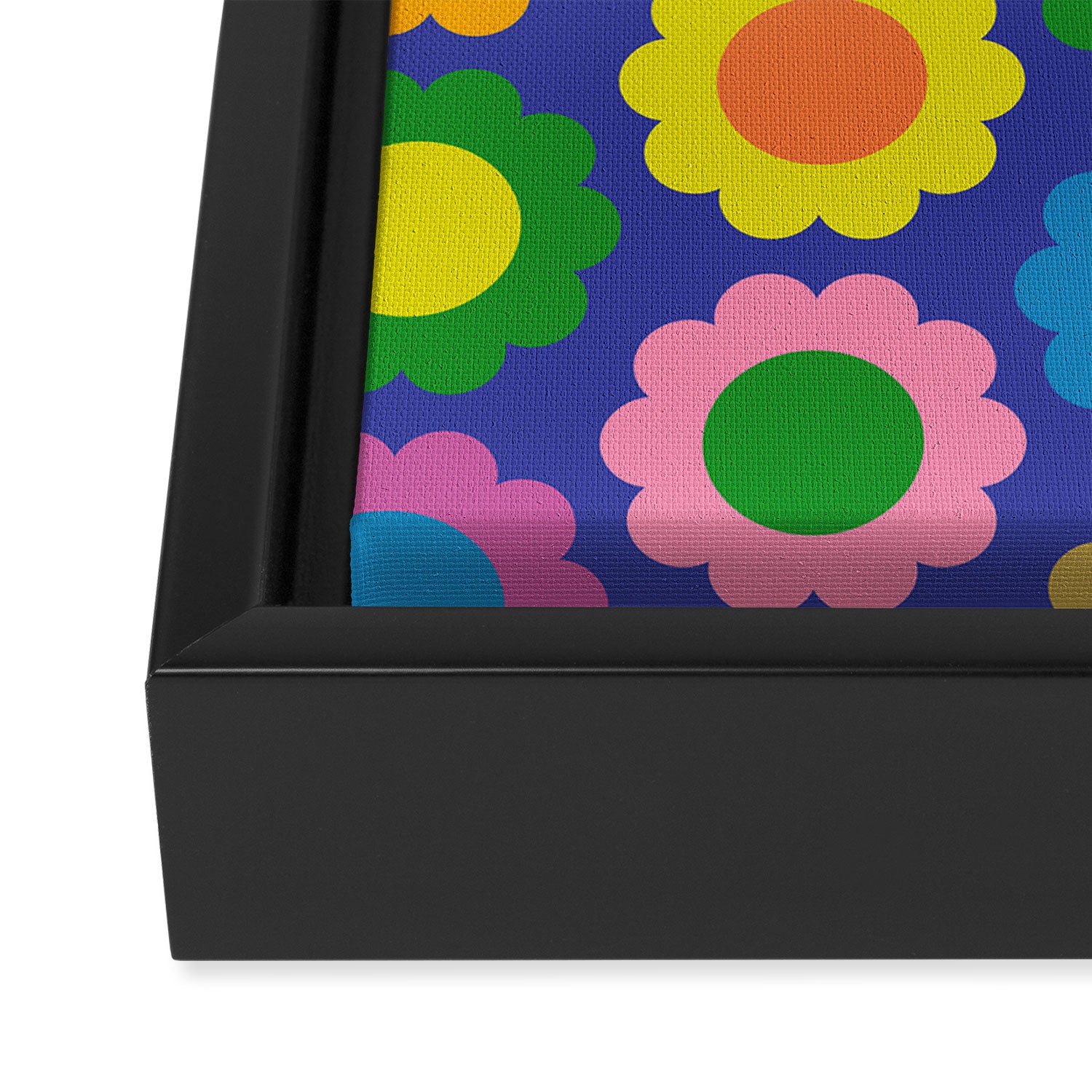 Happy Flowers Colorful Retro Pattern on Blue Framed Canvas Print Gallery Image 3