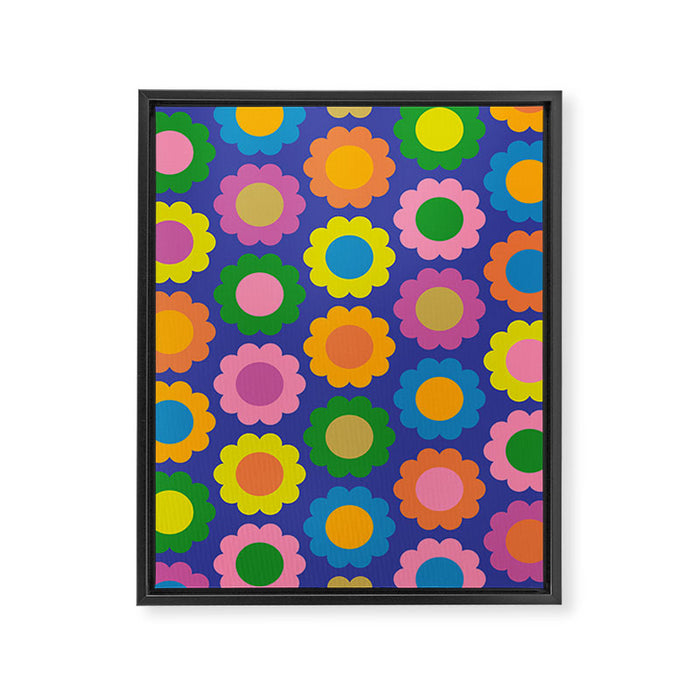 Happy Flowers Colorful Retro Pattern on Blue Framed Canvas Print Gallery Image 1