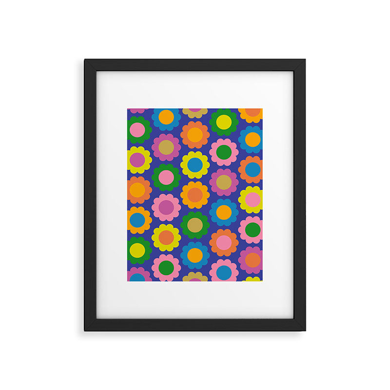 Happy Flowers Colorful Retro Pattern on Blue Framed Art Print Gallery Image 6