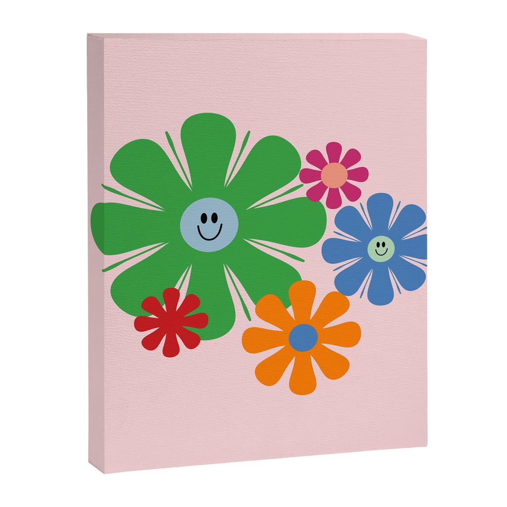 Happy Retro Flowers 60s 70s Smiley Face Colorful Spring Floral on Pink Canvas Print Gallery Image 8