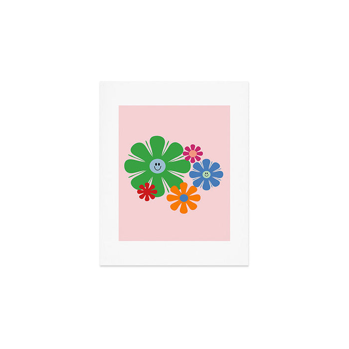 Happy Retro Flowers 60s 70s Smiley Face Colorful Spring Floral on Pink Art Print Gallery Image 1