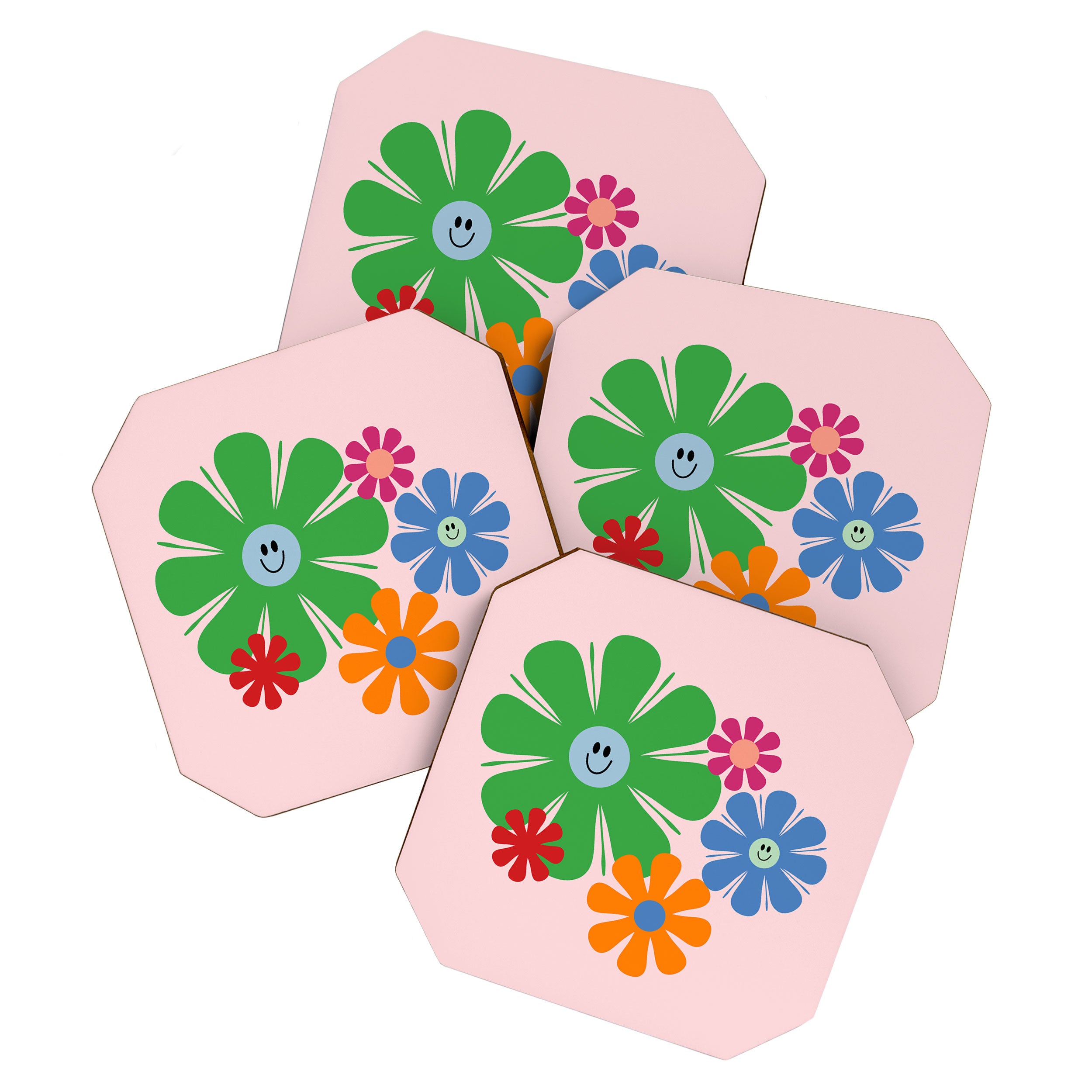 Happy Retro Flowers 60s 70s Smiley Face Colorful Spring Floral on Pink Coaster Gallery Image 1