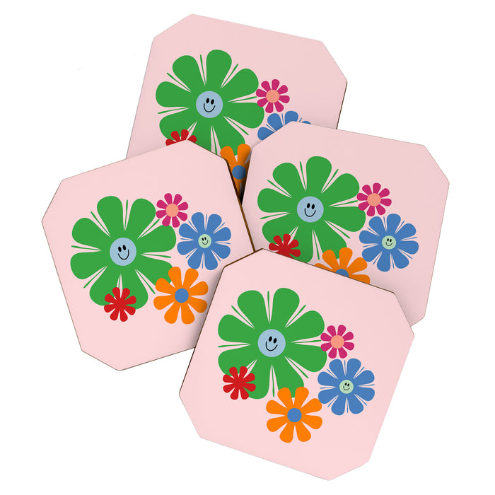 Happy Retro Flowers 60s 70s Smiley Face Colorful Spring Floral on Pink Coaster Gallery Image 1