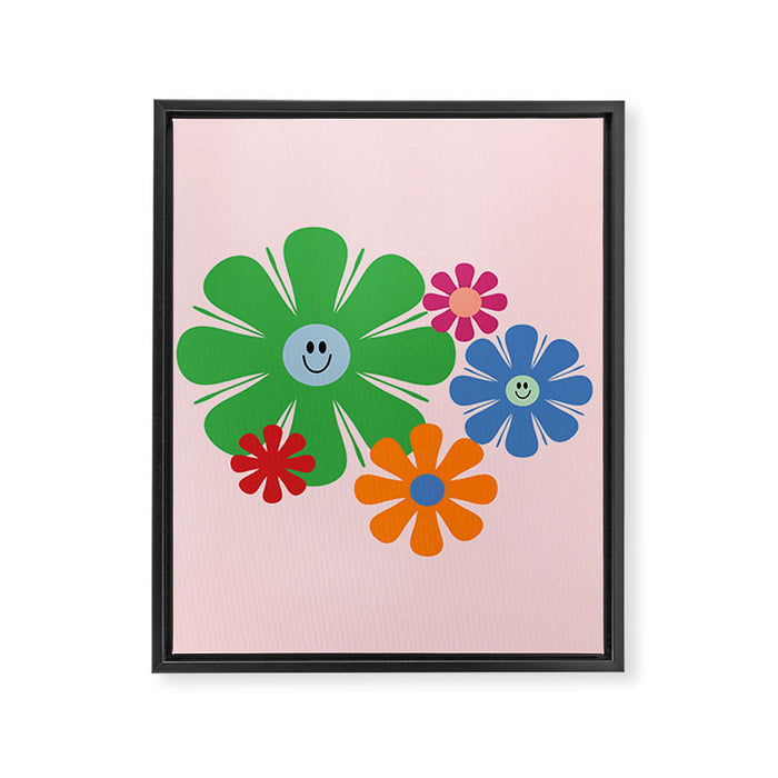 Happy Retro Flowers 60s 70s Smiley Face Colorful Spring Floral on Pink Framed Canvas Print Gallery Image 1