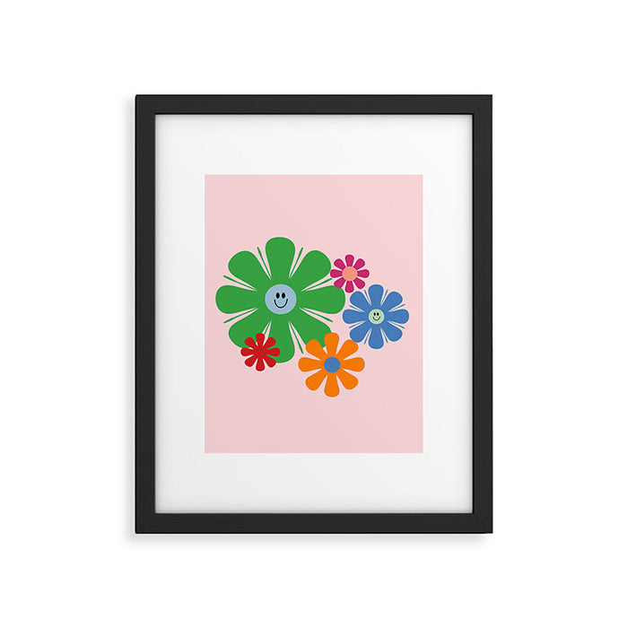 Happy Retro Flowers 60s 70s Smiley Face Colorful Spring Floral on Pink Framed Art Print Gallery Image 1