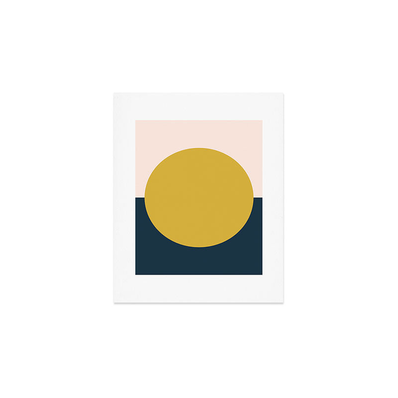 Horizon. Mustard Yellow Sun Dot on Pale Blush Pink and Navy Blue Color Block. Minimalist Geometric Art Print Gallery Image 1