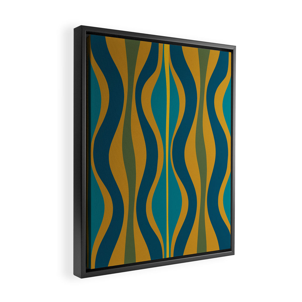 Hourglass Abstract Mid Century Modern Pattern in Moroccan Blue, Green, Teal, and Mustard Framed Canvas Print Gallery Image 2