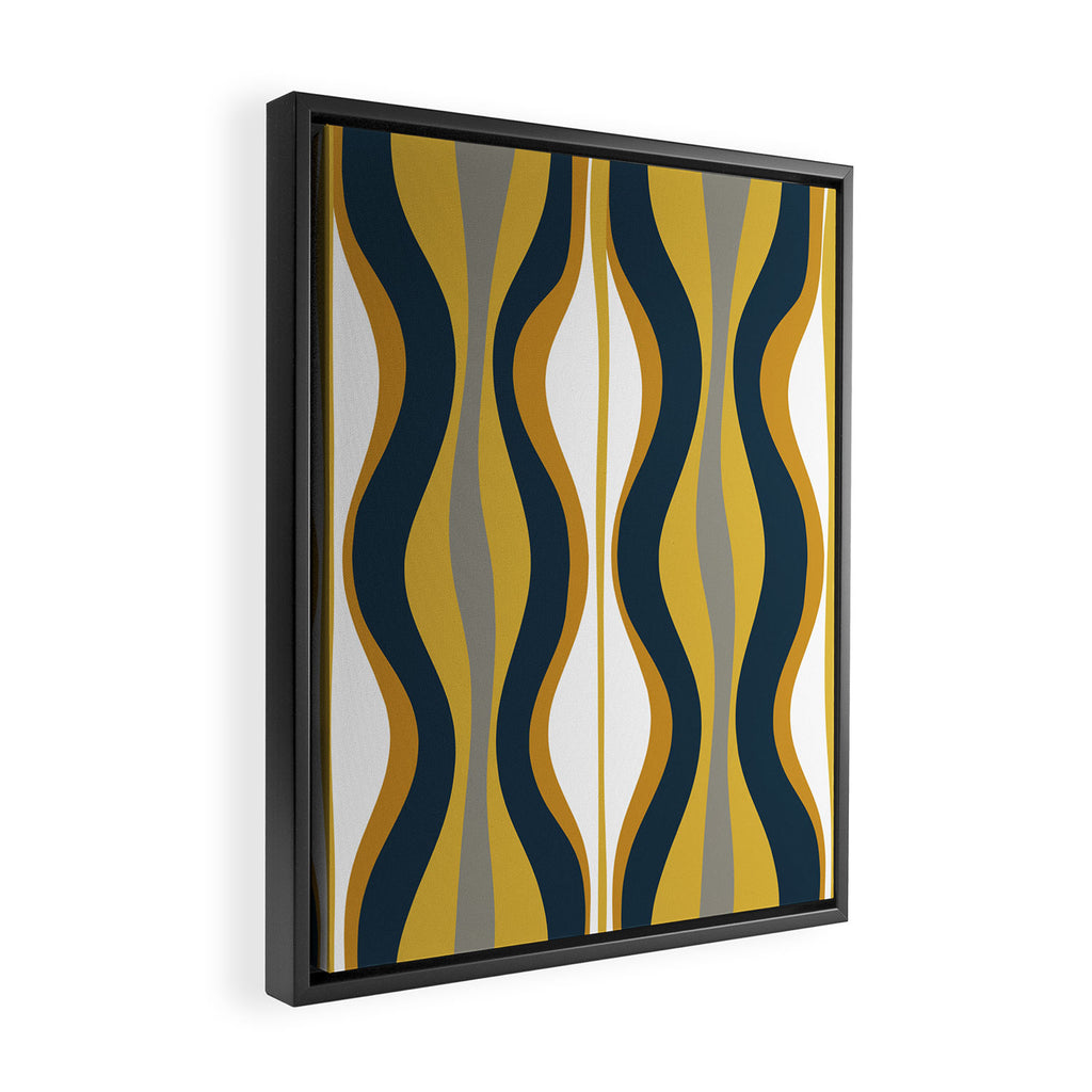 Hourglass Abstract Mid Century Modern Retro Pattern in Mustard Yellow, Navy Blue, Grey, and White Framed Canvas Print Gallery Image 2