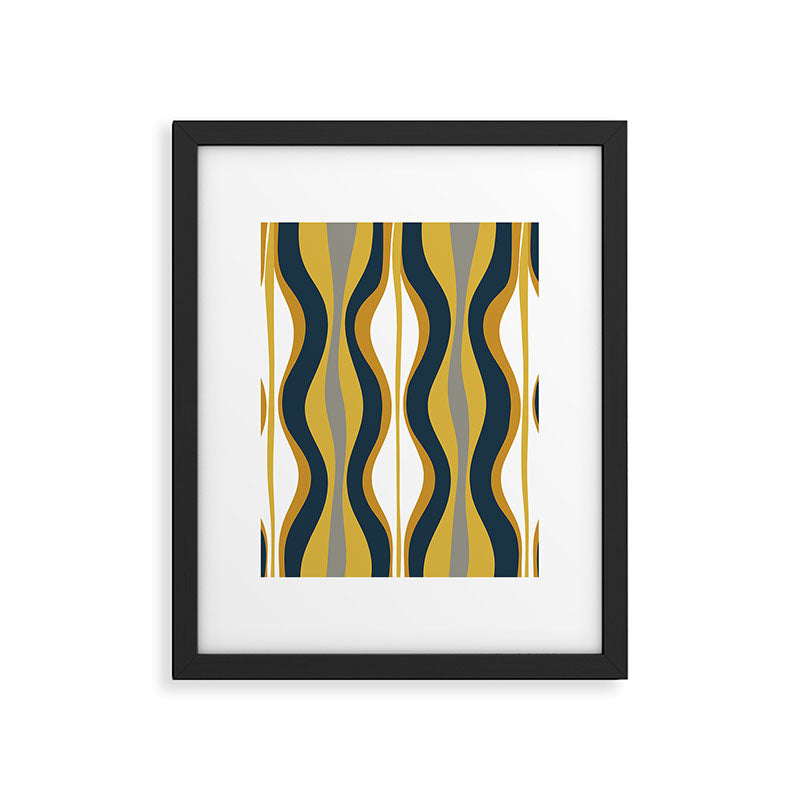 Hourglass Abstract Mid Century Modern Retro Pattern in Mustard Yellow, Navy Blue, Grey, and White Framed Art Print Gallery Image 4