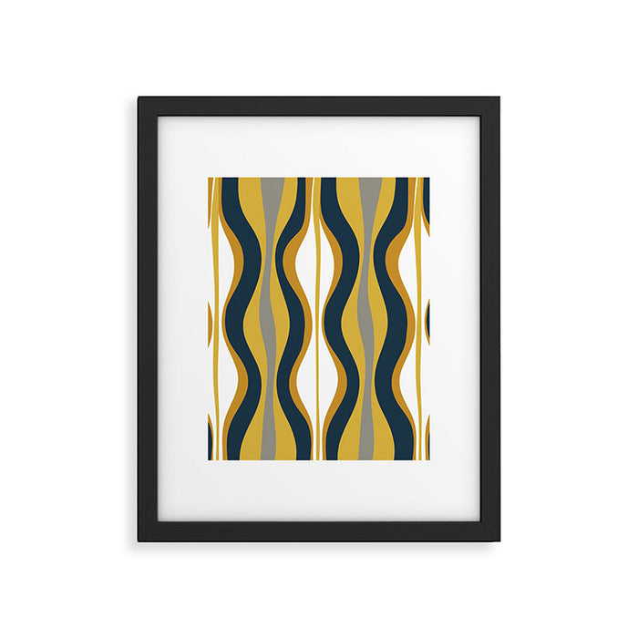 Hourglass Abstract Mid Century Modern Retro Pattern in Mustard Yellow, Navy Blue, Grey, and White Framed Art Print Gallery Image 1