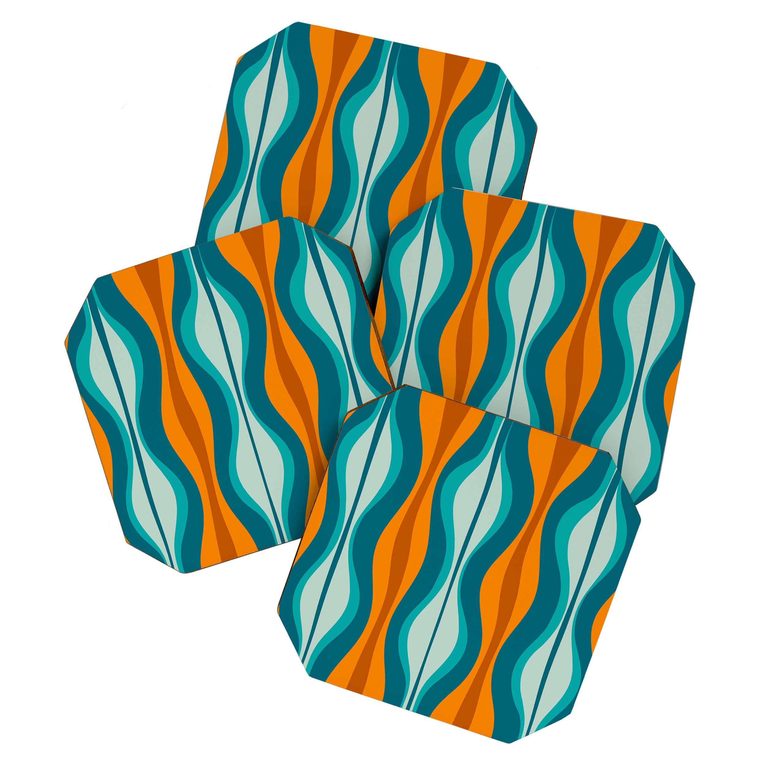 Hourglass Mid Century Modern Abstract Pattern in Turquoise, Aqua, Orange, and Rust Coaster Gallery Image 1