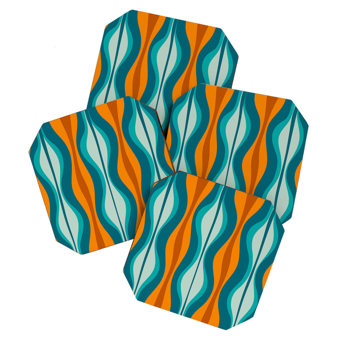 Hourglass Mid Century Modern Abstract Pattern in Turquoise, Aqua, Orange, and Rust Coaster Gallery Image 1