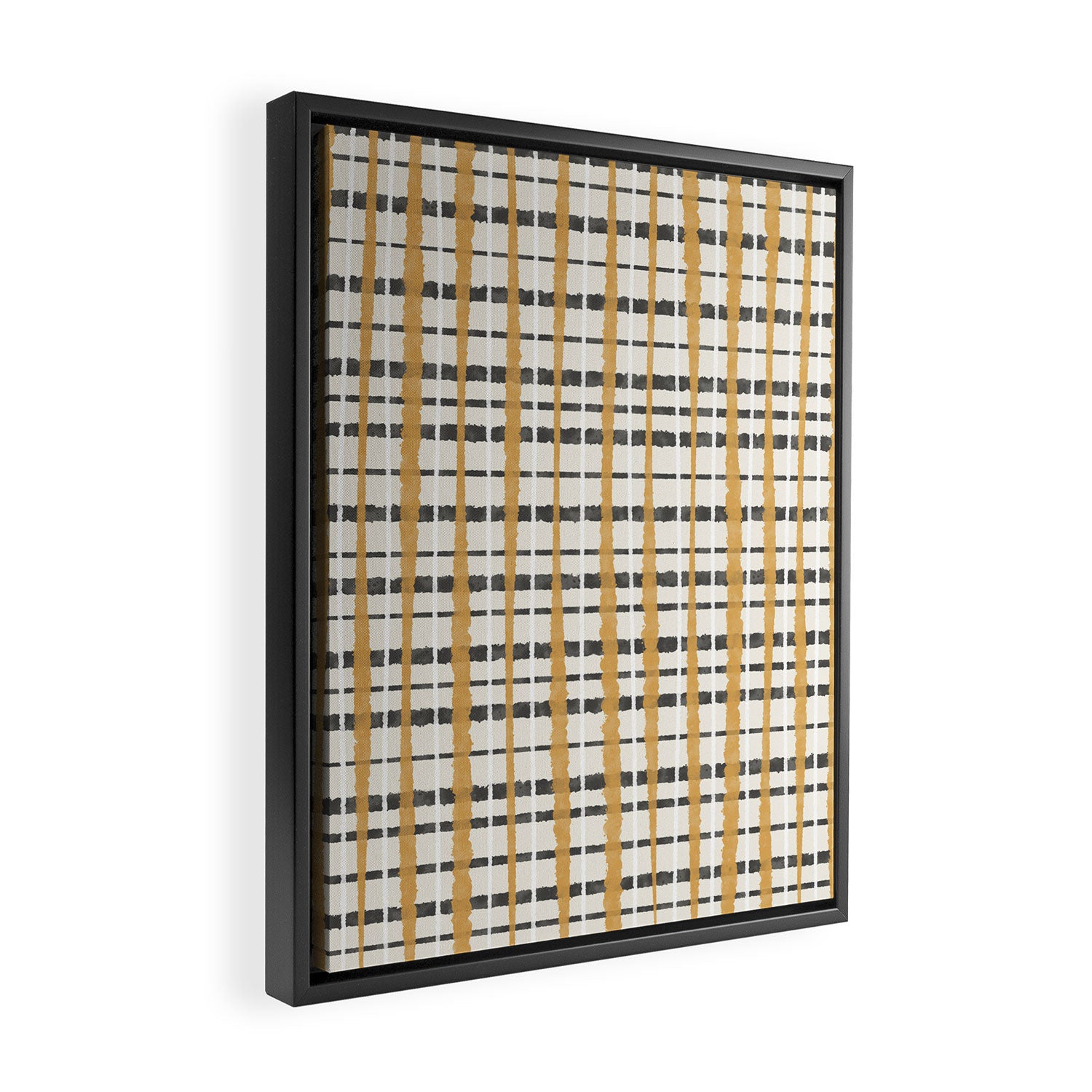 Hygge Plaid Painted Stripe Pattern Ochre Charcoal Cream Framed Canvas Print Gallery Image 2