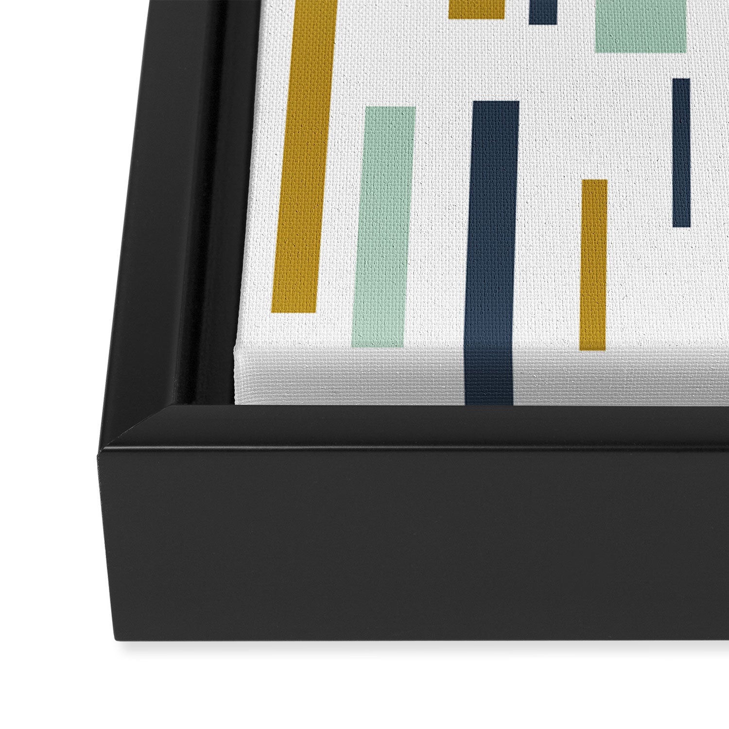 Interrupted Lines Mid-Century Modern Minimalist Pattern in Navy Blue, Teal Mint, Gold Mustard, White Framed Canvas Print Gallery Image 3