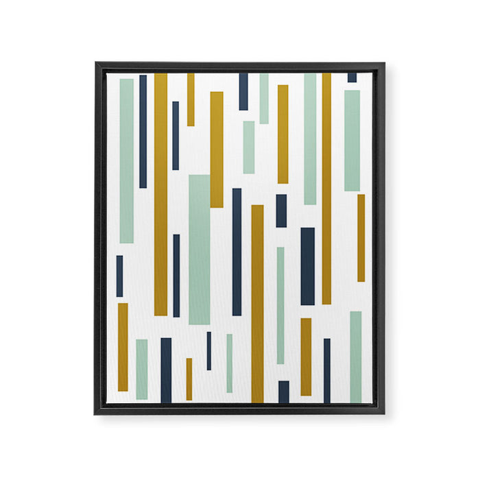Interrupted Lines Mid-Century Modern Minimalist Pattern in Navy Blue, Teal Mint, Gold Mustard, White Framed Canvas Print Gallery Image 1