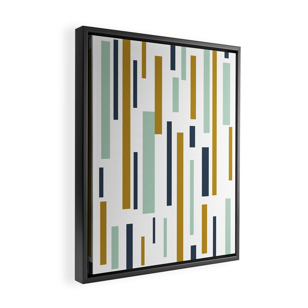 Interrupted Lines Mid-Century Modern Minimalist Pattern in Navy Blue, Teal Mint, Gold Mustard, White Framed Canvas Print Gallery Image 2