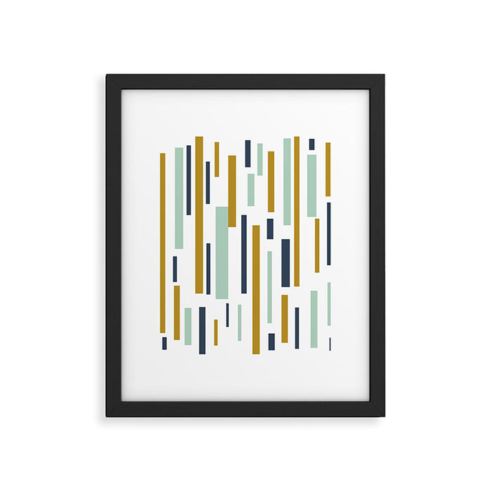 Interrupted Lines Mid-Century Modern Minimalist Pattern in Navy Blue, Teal Mint, Gold Mustard, White Framed Art Print Gallery Image 1
