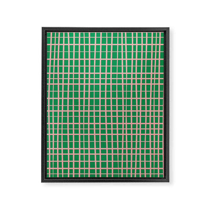 Irregular Grid Pattern in Green and Pink Framed Canvas Print Gallery Image 1