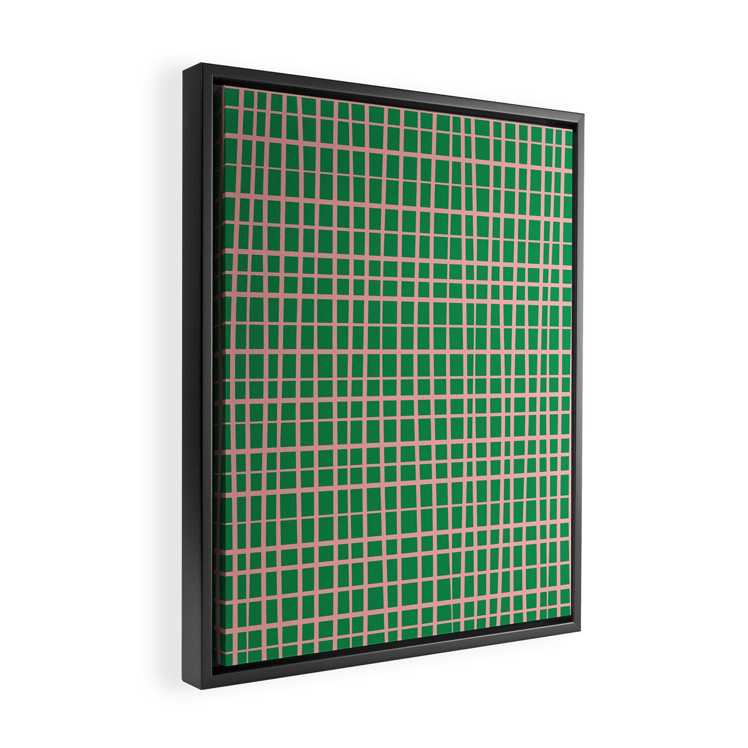 Irregular Grid Pattern in Green and Pink Framed Canvas Print Gallery Image 2