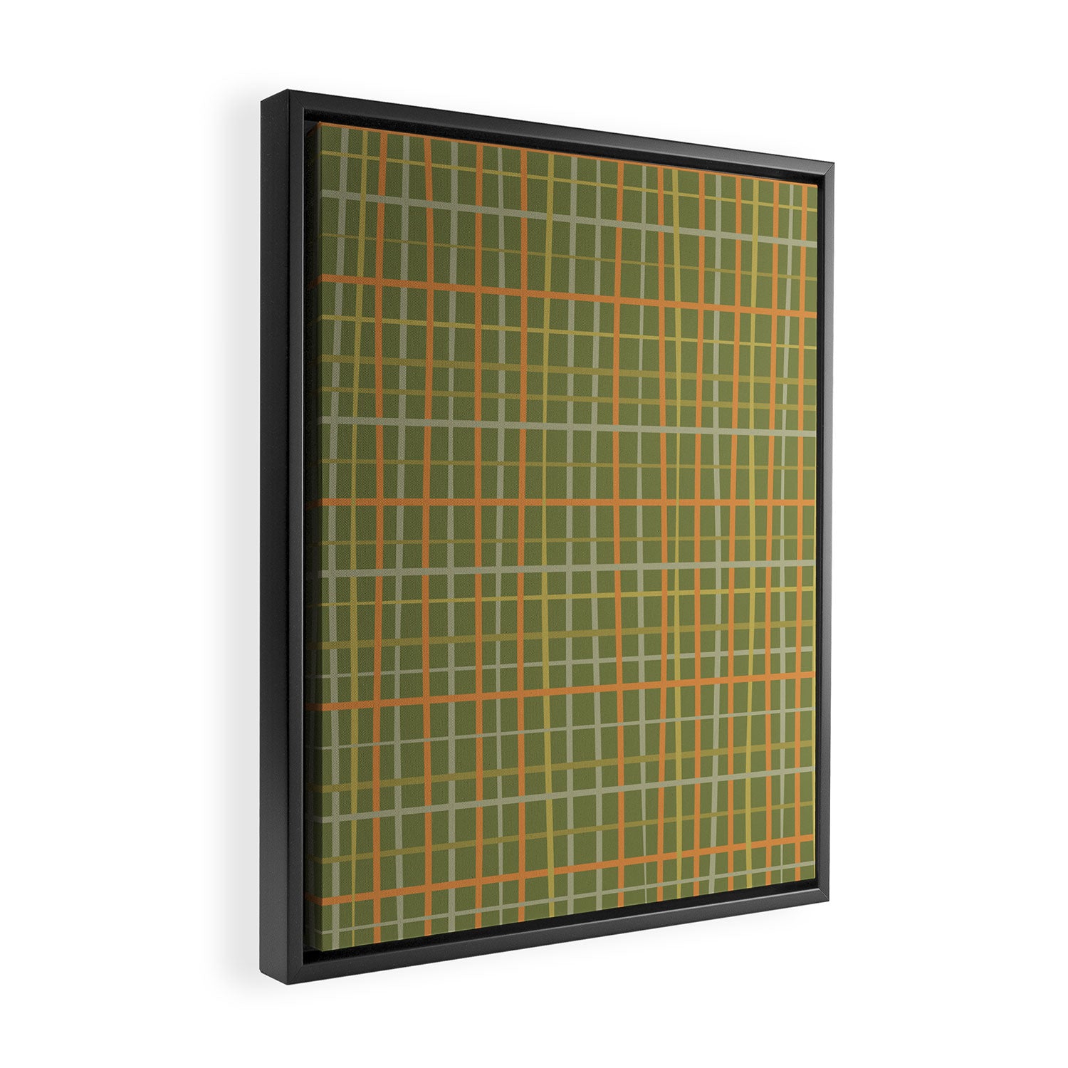 Irregular Plaid Pattern in Retro Olive Green Celadon Orange Tones Framed Canvas Print Gallery Image 2
