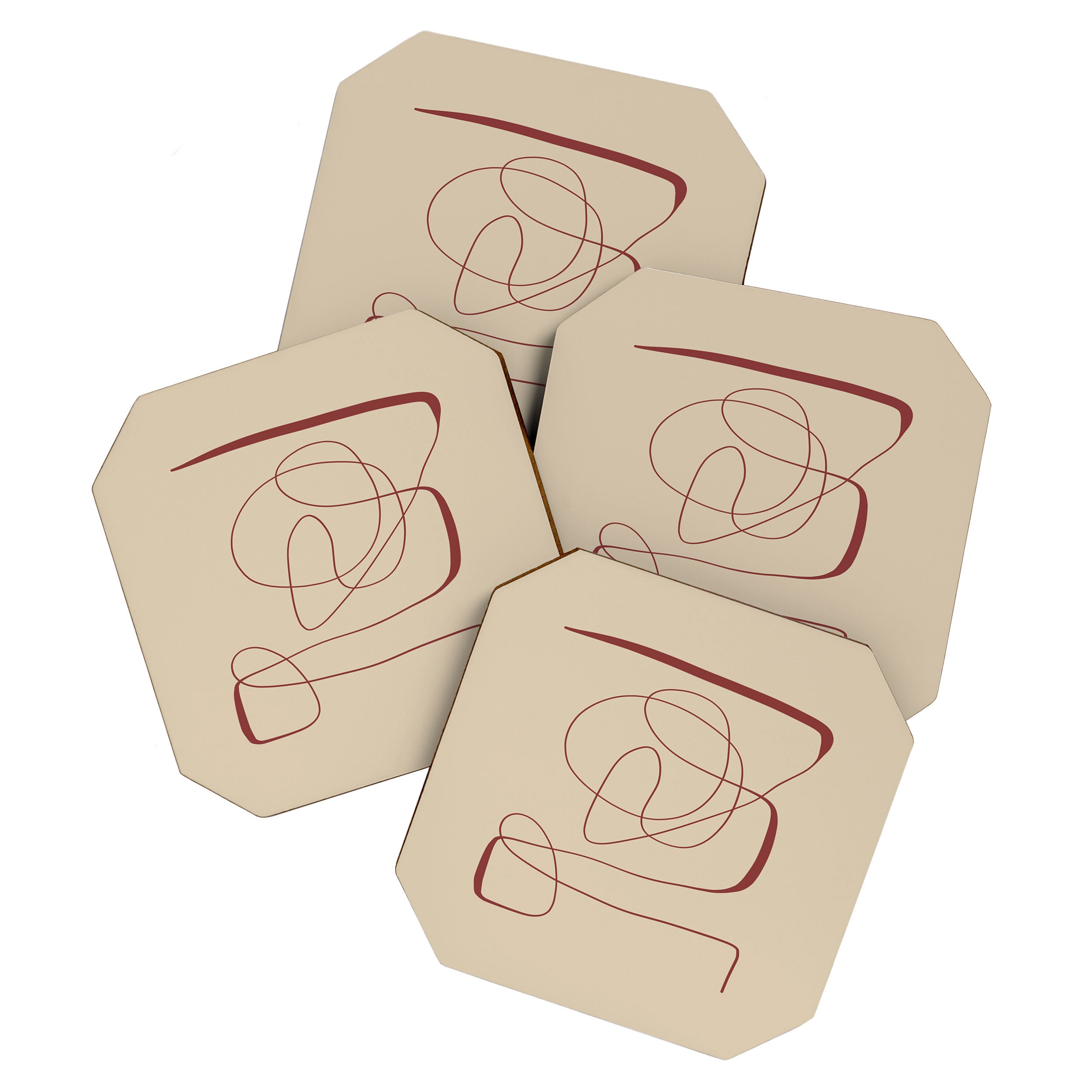 Janu Sirsasana - Minimalist Abstract Line Drawing in Maroon and Linen Coaster Gallery Image 1