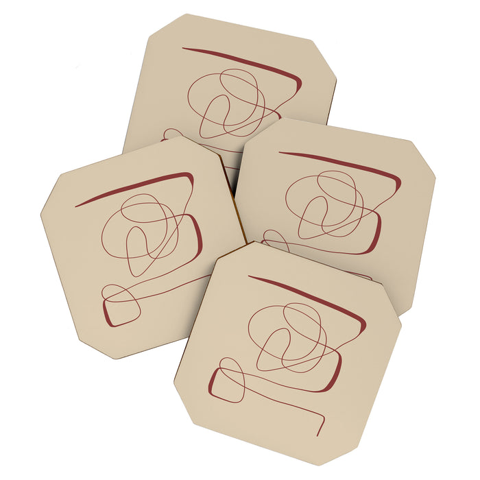 Janu Sirsasana - Minimalist Abstract Line Drawing in Maroon and Linen Coaster Gallery Image 1