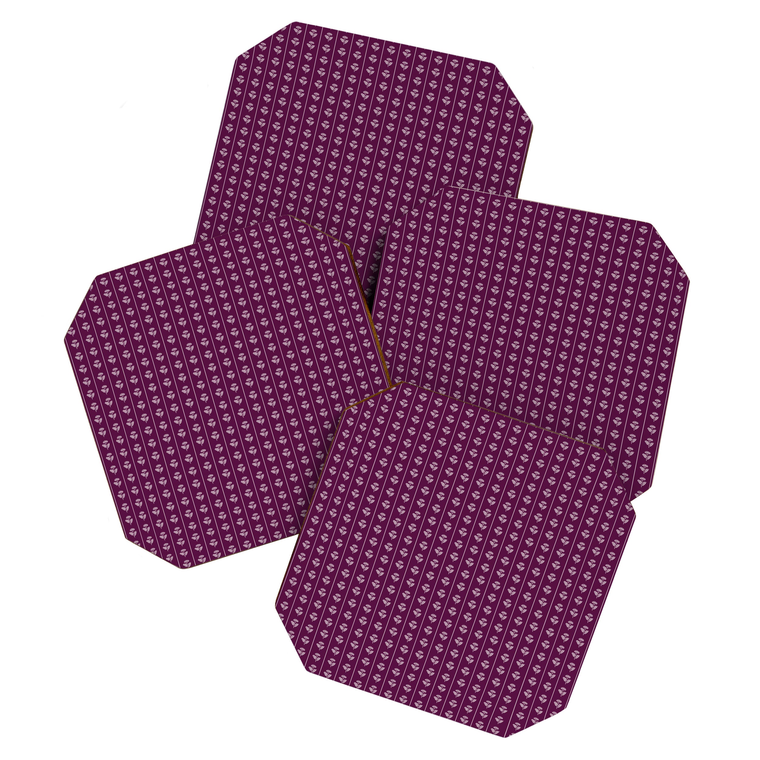 Jewel Tone Vintage Cottage Flowers and Stripes Pattern in Plum Aubergine Coaster Gallery Image 1