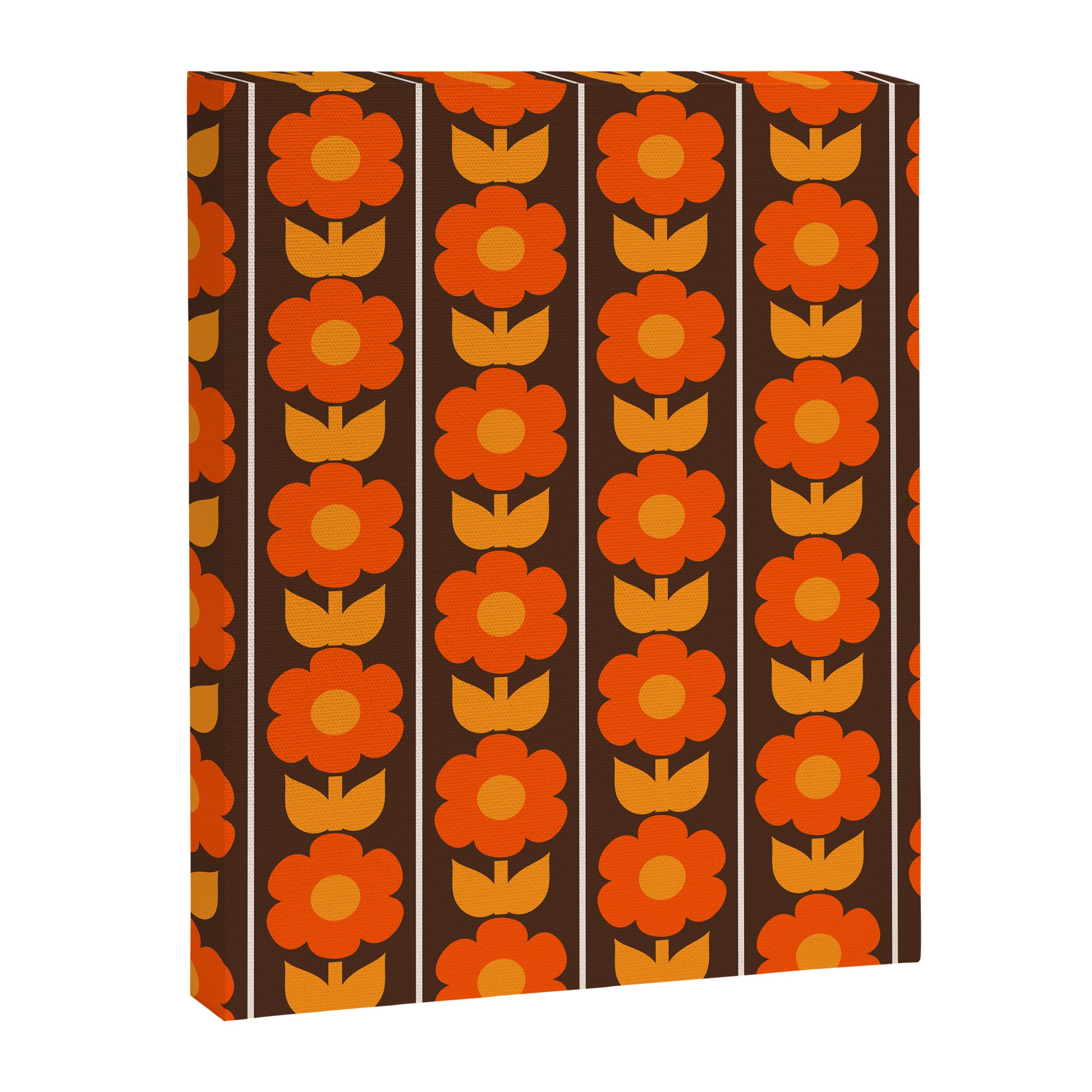 Jonnty Flowers Retro Floral Stripe Pattern in 70s Brown and Orange Canvas Print Gallery Image 8