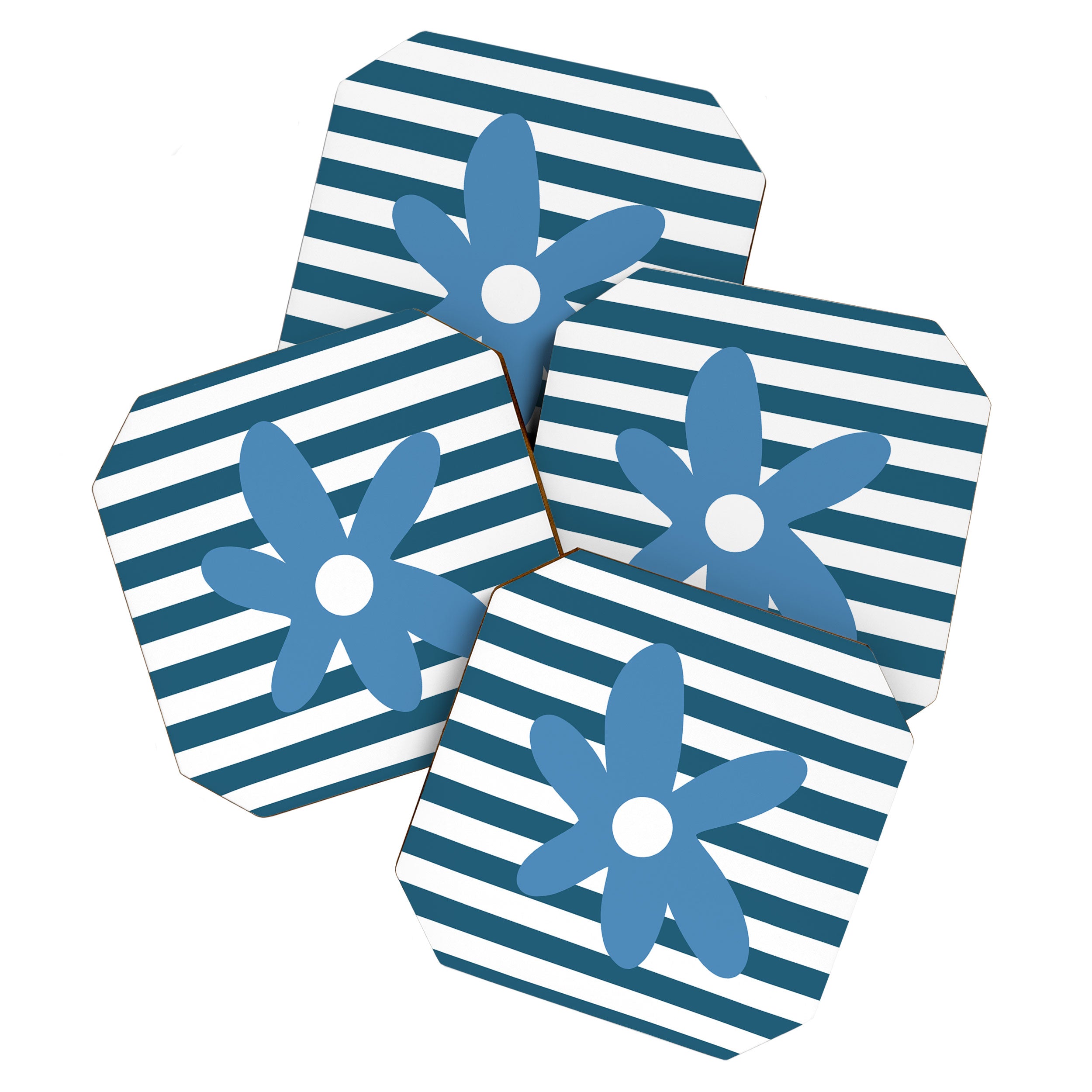 Joyful Flower and Stripes Blue and White Pop Floral Coaster Gallery Image 1