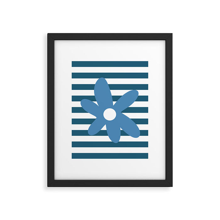 Joyful Flower and Stripes Blue and White Pop Floral Framed Art Print Gallery Image 1