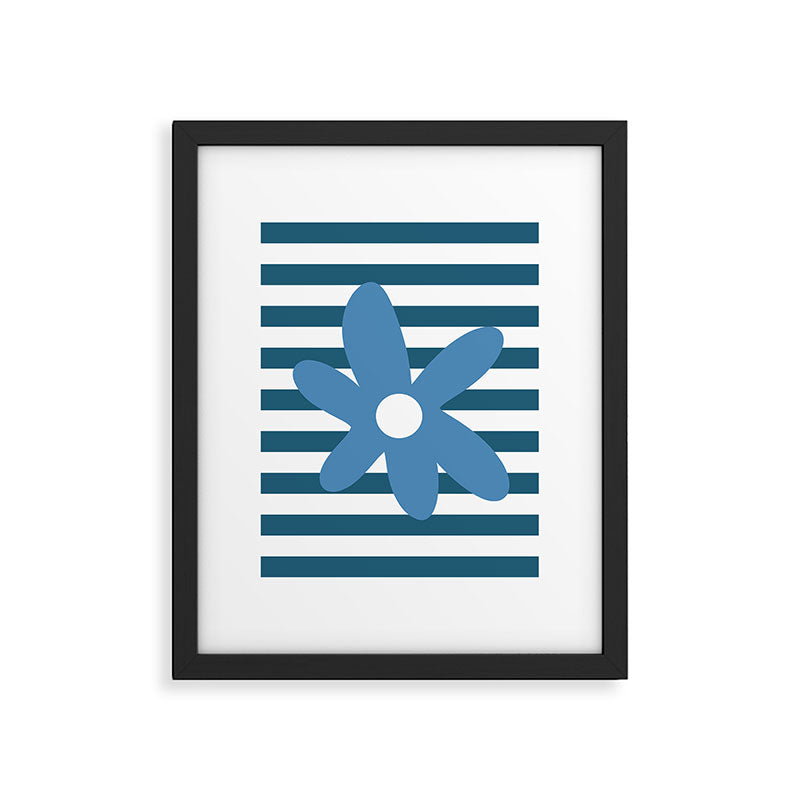 Joyful Flower and Stripes Blue and White Pop Floral Framed Art Print Gallery Image 6