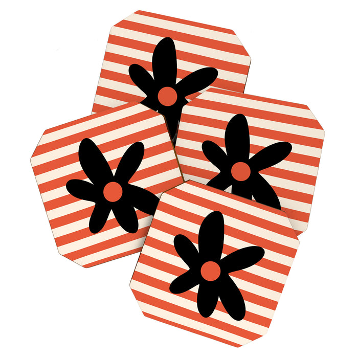 Joyful Flower and Stripes Floral Black Orange Cream Coaster Gallery Image 1