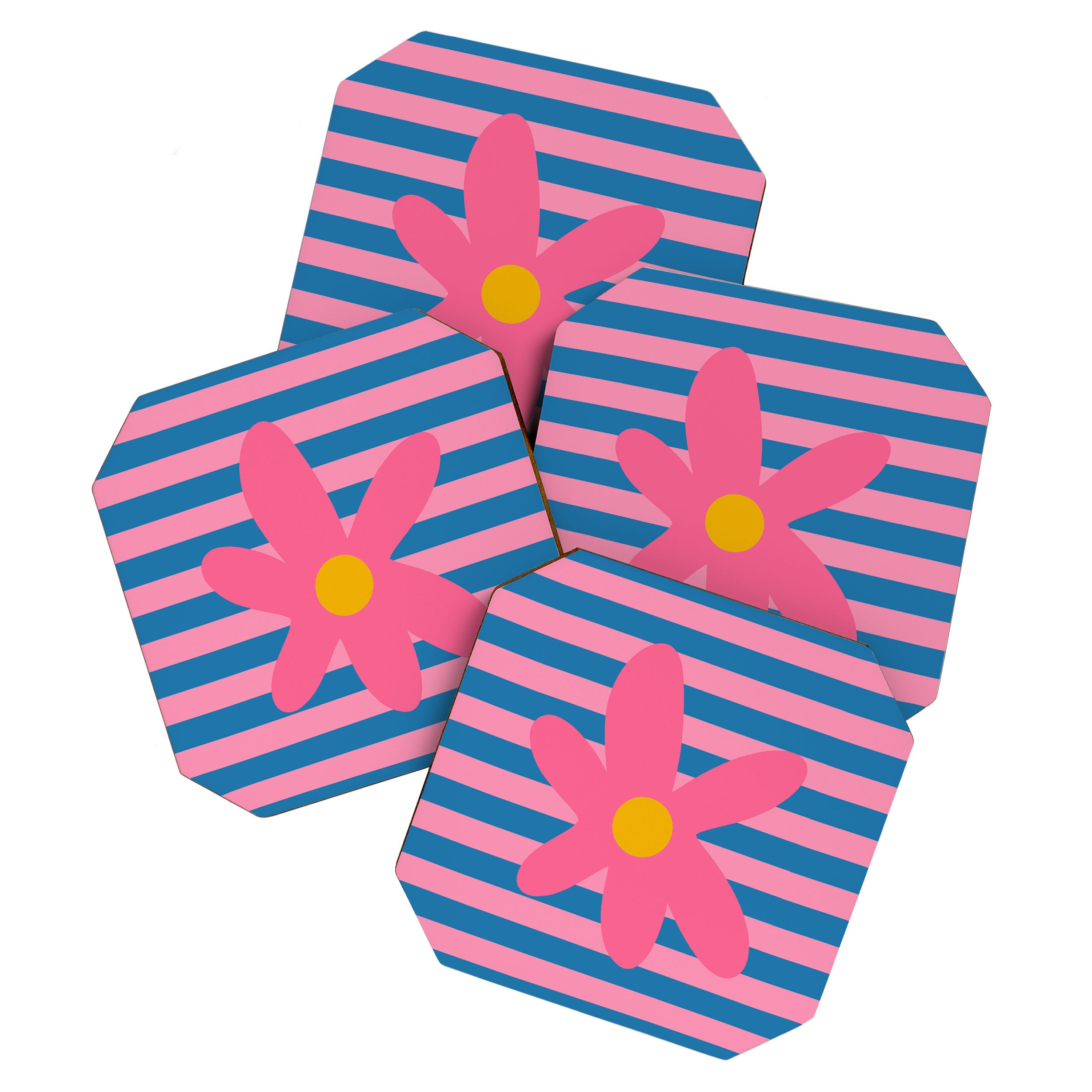 Joyful Flower and Stripes Floral Pink Blue Yellow Coaster Gallery Image 1