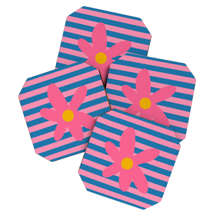 Joyful Flower and Stripes Floral Pink Blue Yellow Coaster Gallery Image 1